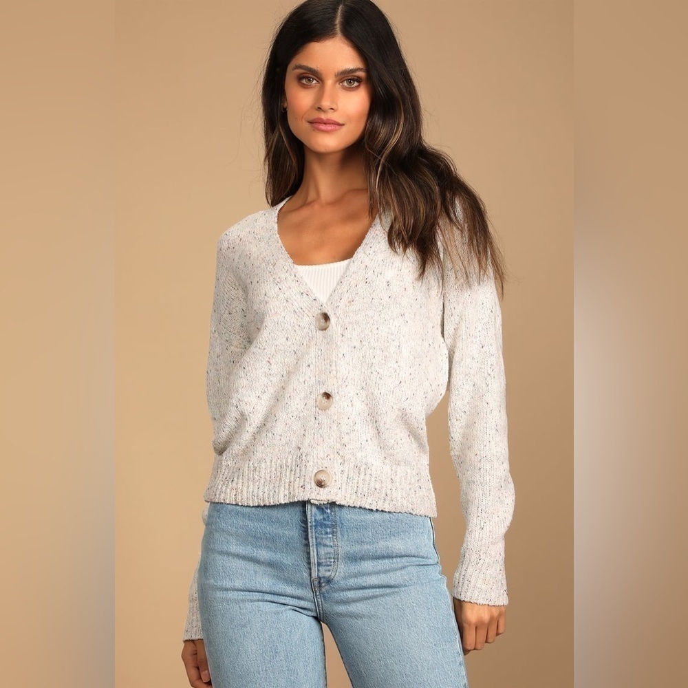 Lulus Happy Thoughts Beige Multi Knit Cardigan Sweater